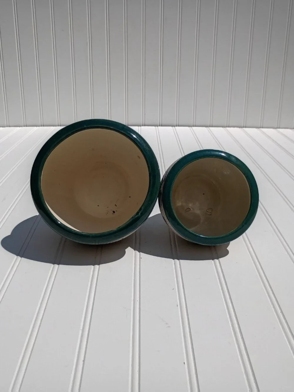 Vintage Pair of Pottery Planters Palm Tree Sandstone Glazed Ceramic Flower Pots